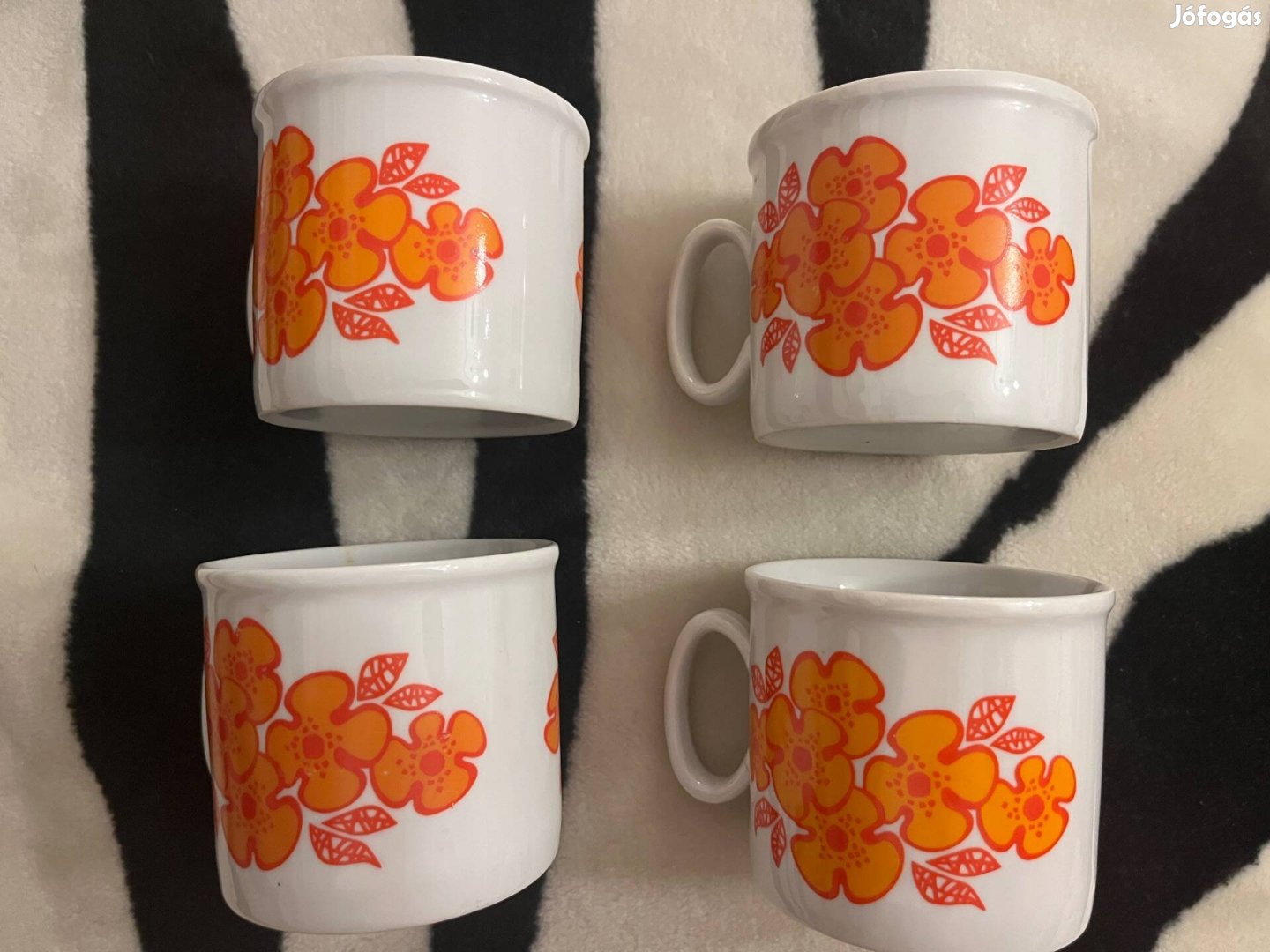 Retro, régi 4db Zsolnay narancssárga virágos porcelán bögre!