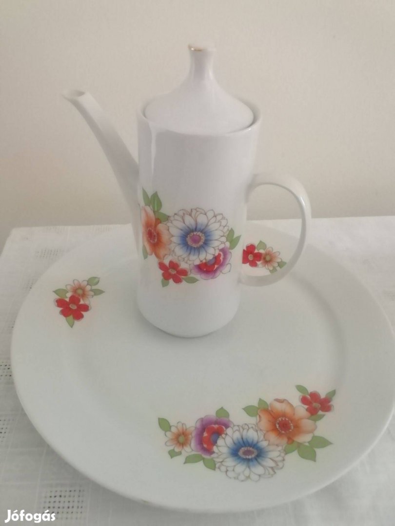 Retró alföldi porcelán kávés kiöntő és kínáló tál, húsos,