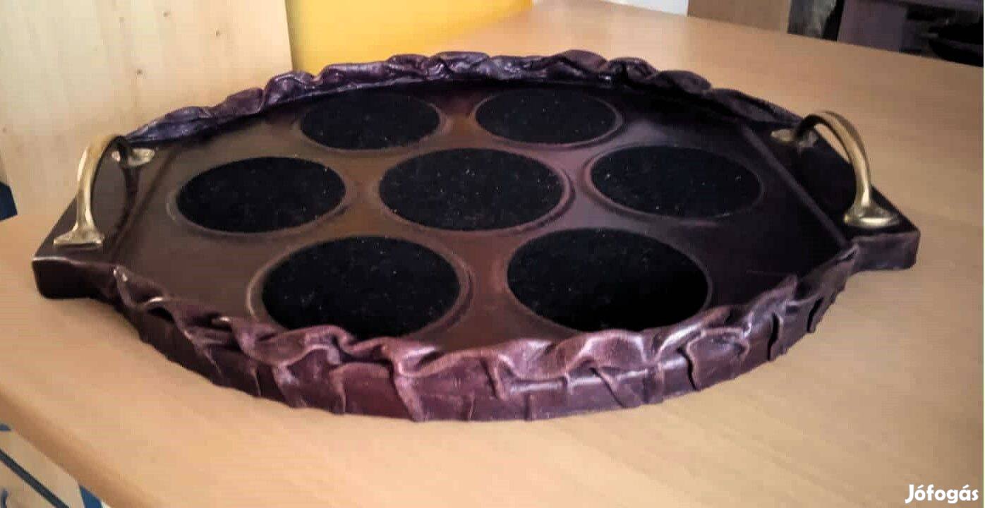 Retro asztali rézfüles, iparművész bőr kínáló tálca, 7