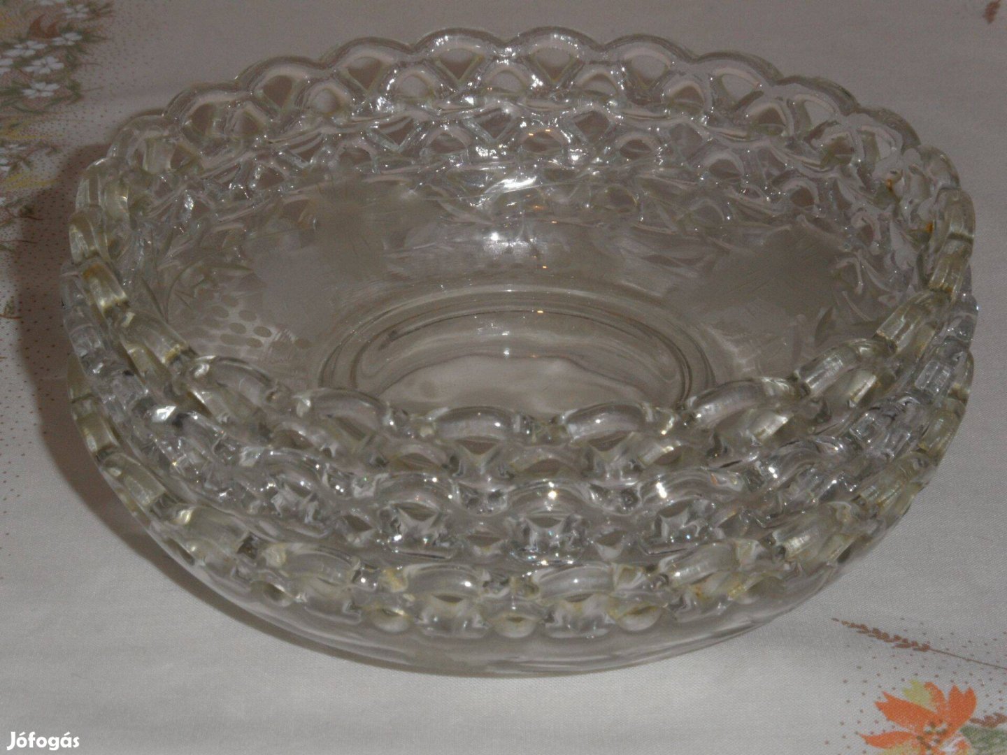 Retro áttört szélű üveg szőlő mintás tálka, tányér ( 3 db. )