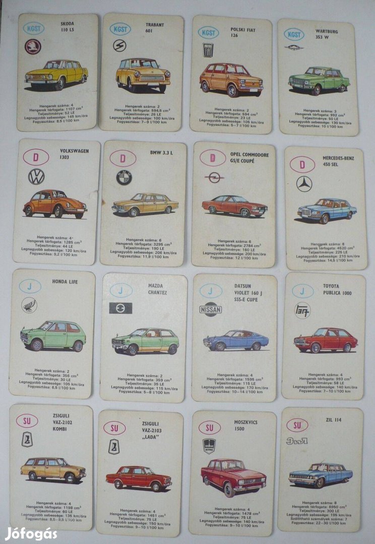 Retro autó kvartett kártya (hiánytalan, 40 lap)