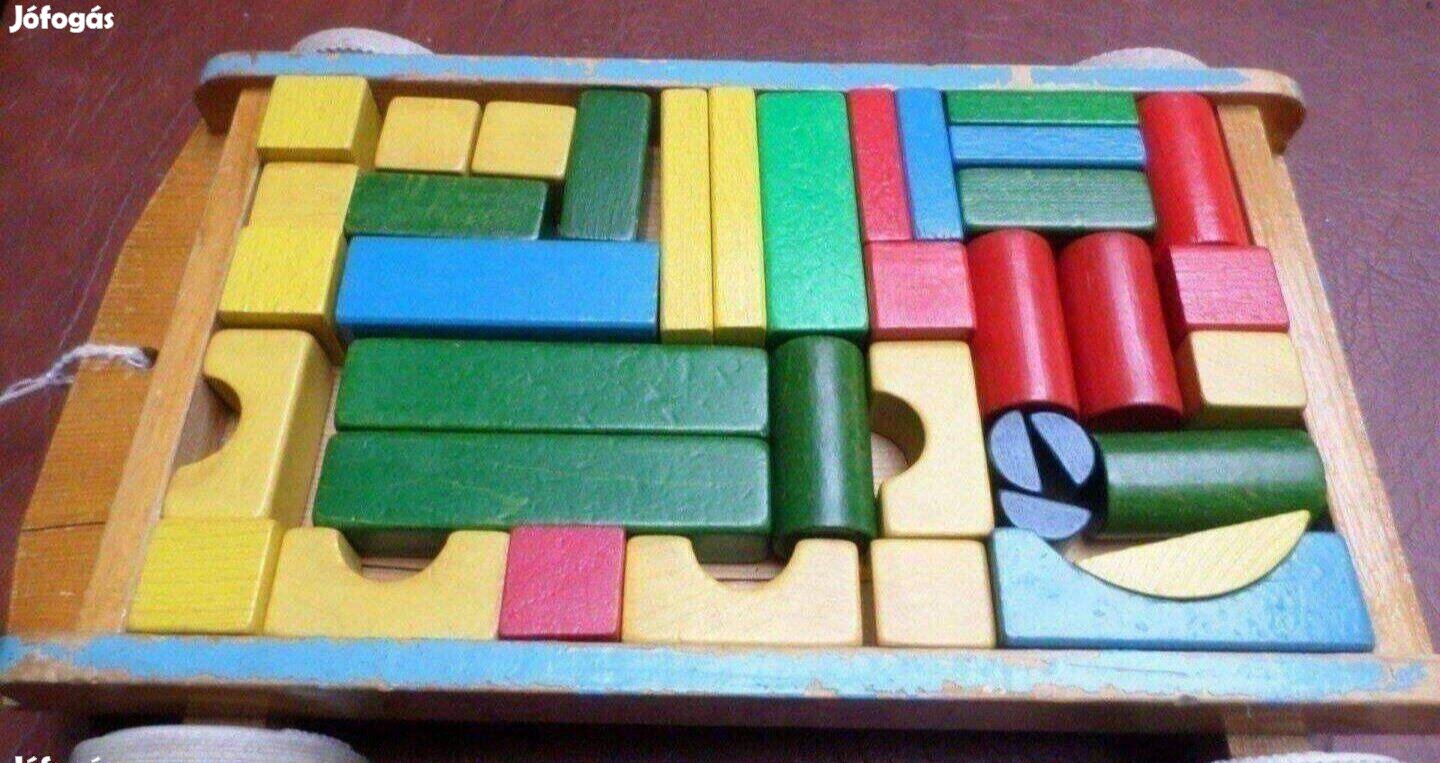 Retro fa játék építőkocka kiskocsival