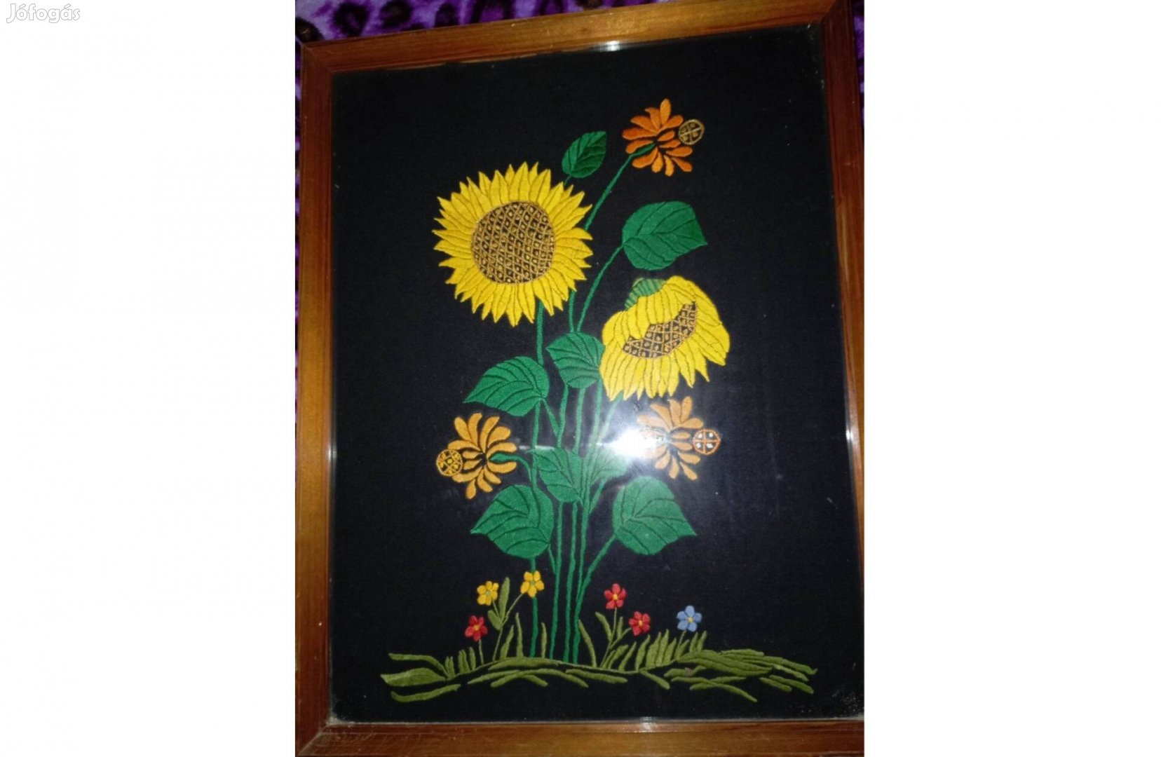 Retró hímzett napraforgós falikép