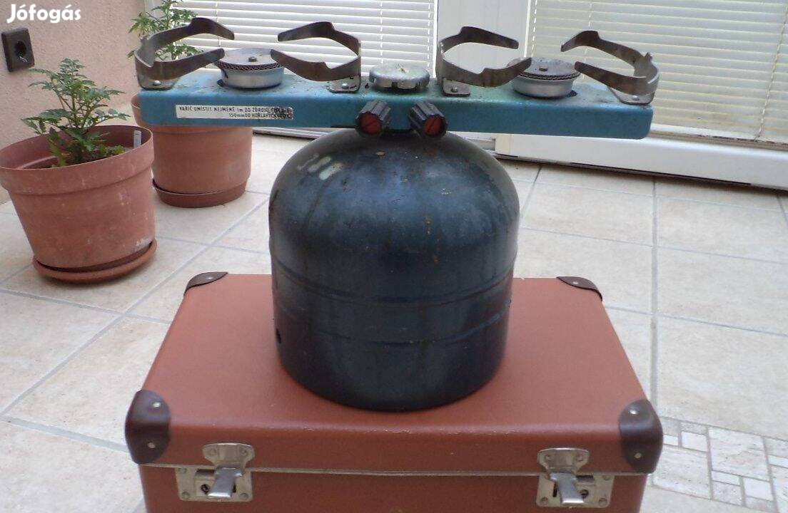 Retro kemping gázfőző/gázpalack, kettő égőfejjel, saját dobozában