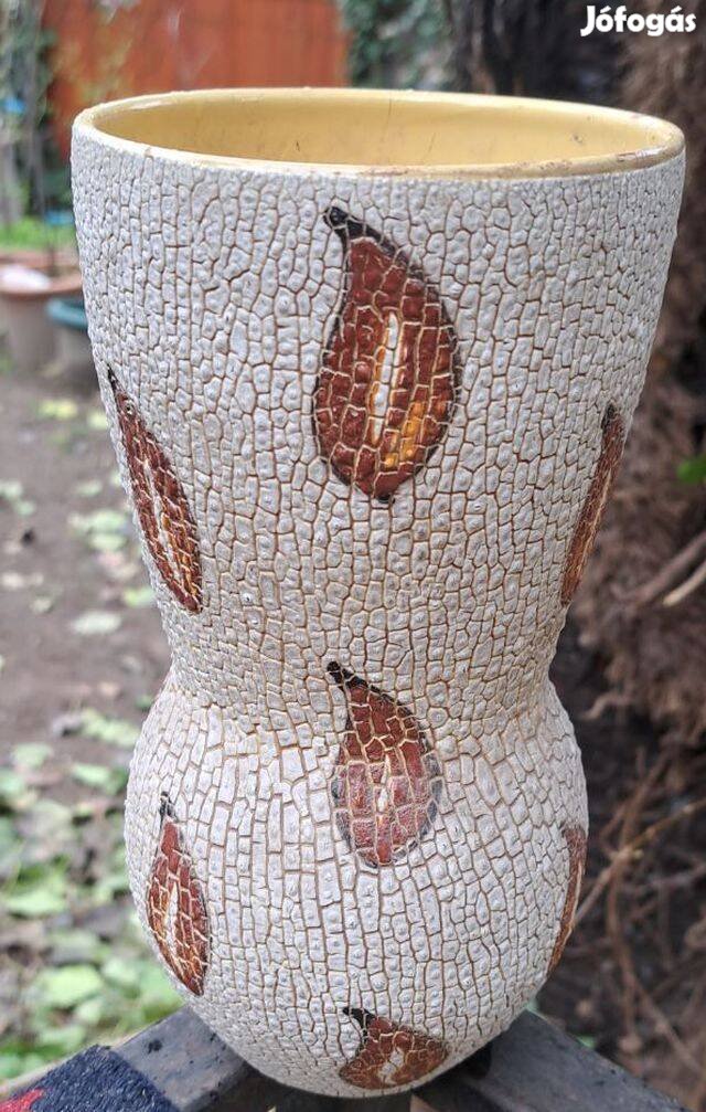 Retro kerámia váza repesztett mázzal levélmintás,hibás