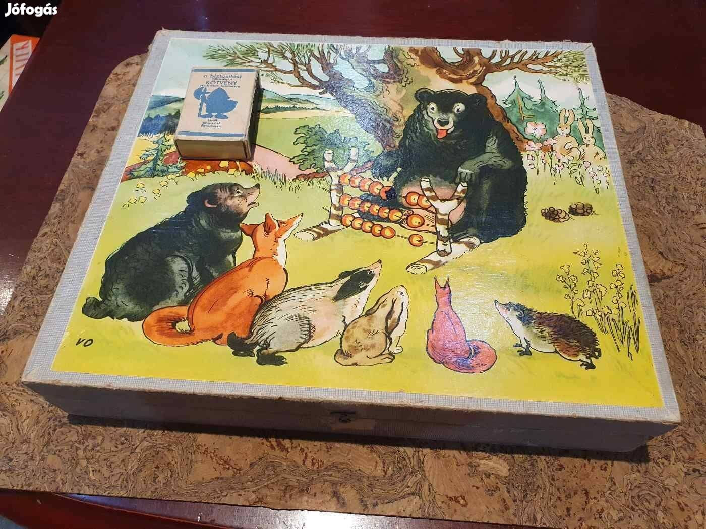 Retro kocka képkirakó társasjáték fa dobozban szocreál kádár