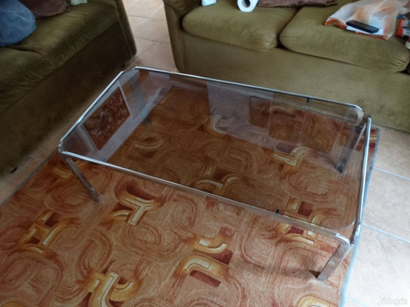 Retro krómozott formatervezett üvegasztal dohányzóasztal 102x52x37