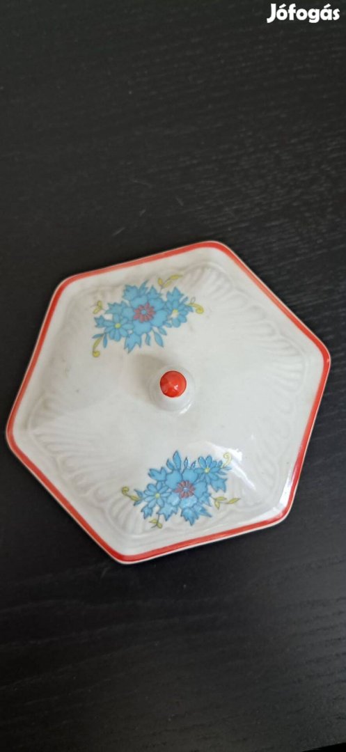 Retró porcelán bonbonier Kék virágmintás ékszertartó doboz