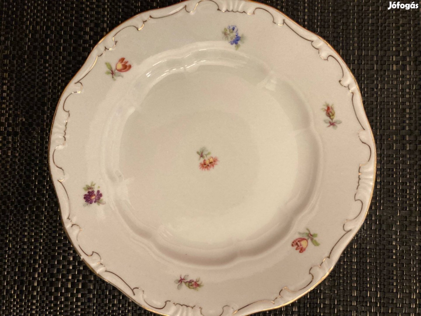 Retro régi Zsolnay porcelán arany tollazott virágos tányér hibátlan!