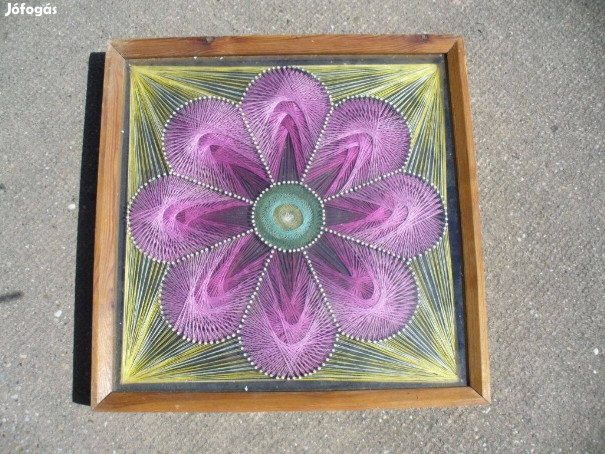 Retro régi cérna kézműves kép textilkép hímzett kép nagy