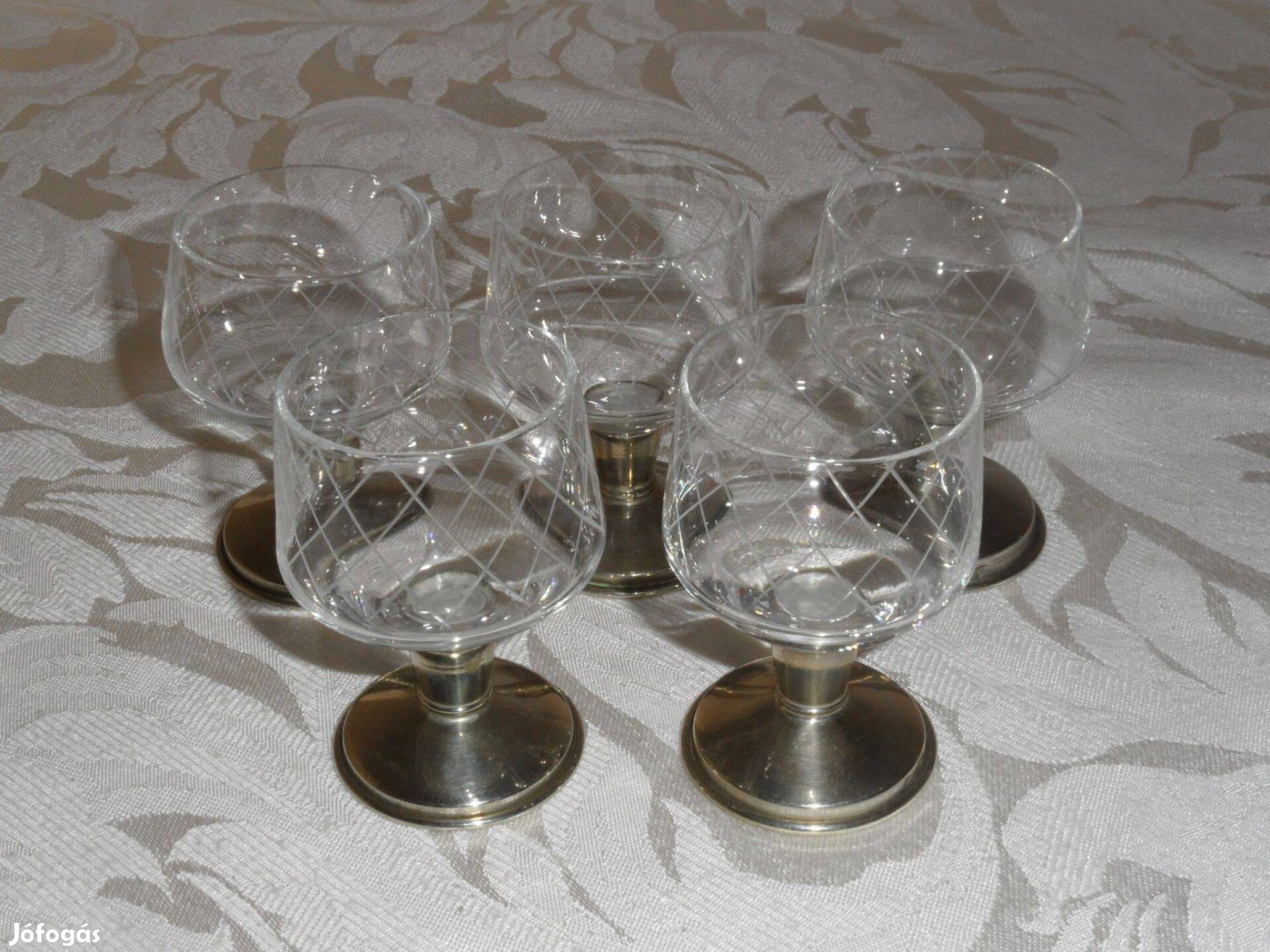 Retro talpas alpakka-üveg likőrös pohár 5 db.