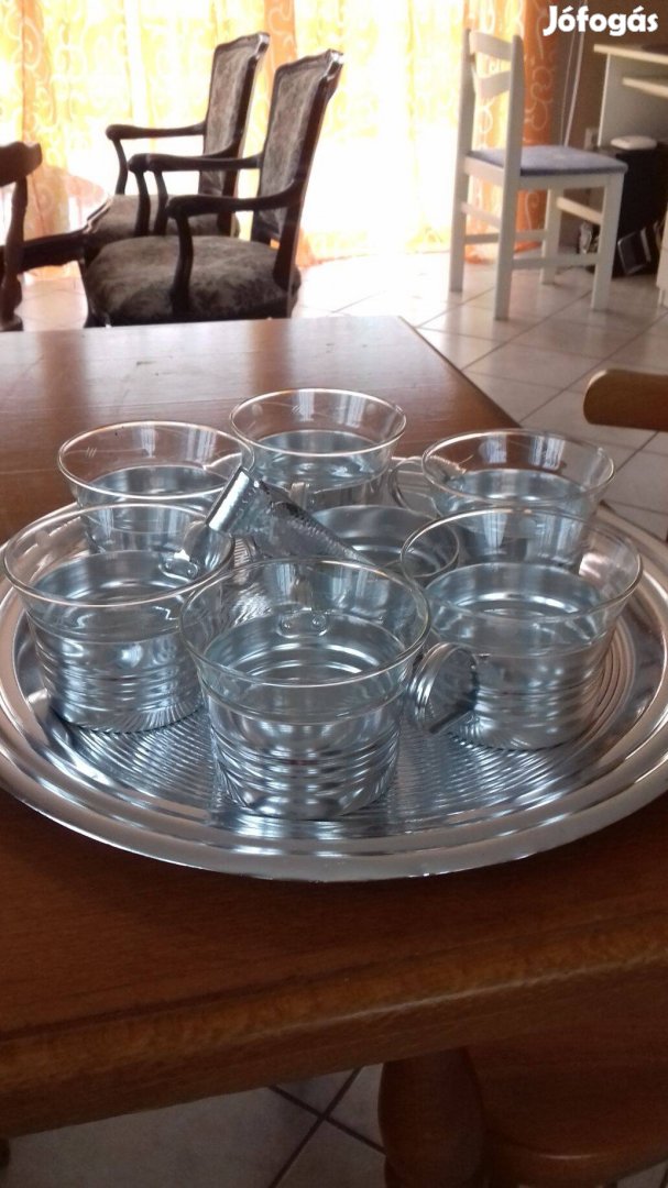 Retro teás készlet 1976 hőálló üveg fém tartóban