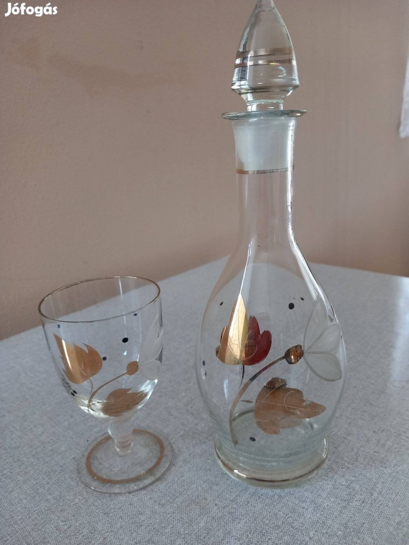 Retro üveg likőrös készlet két pohárral 0,5 l-es