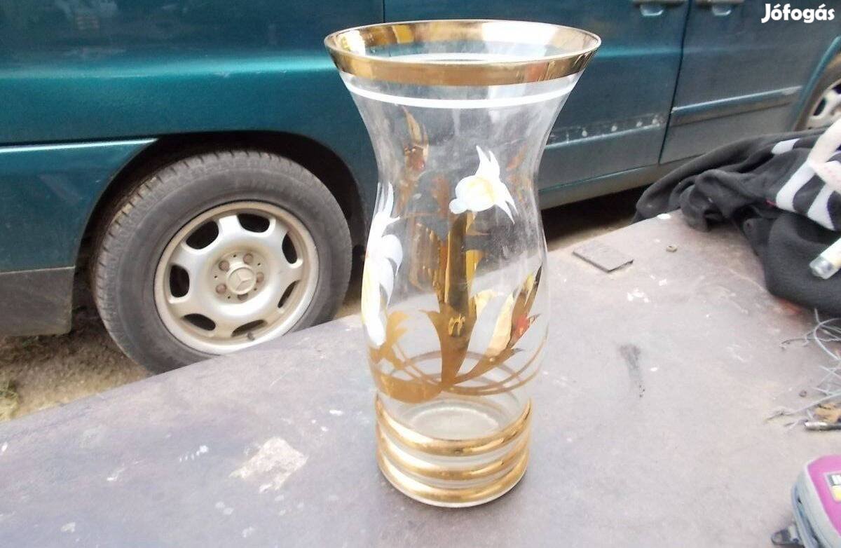 Retro üveg váza aranyozott szélű festett minta
