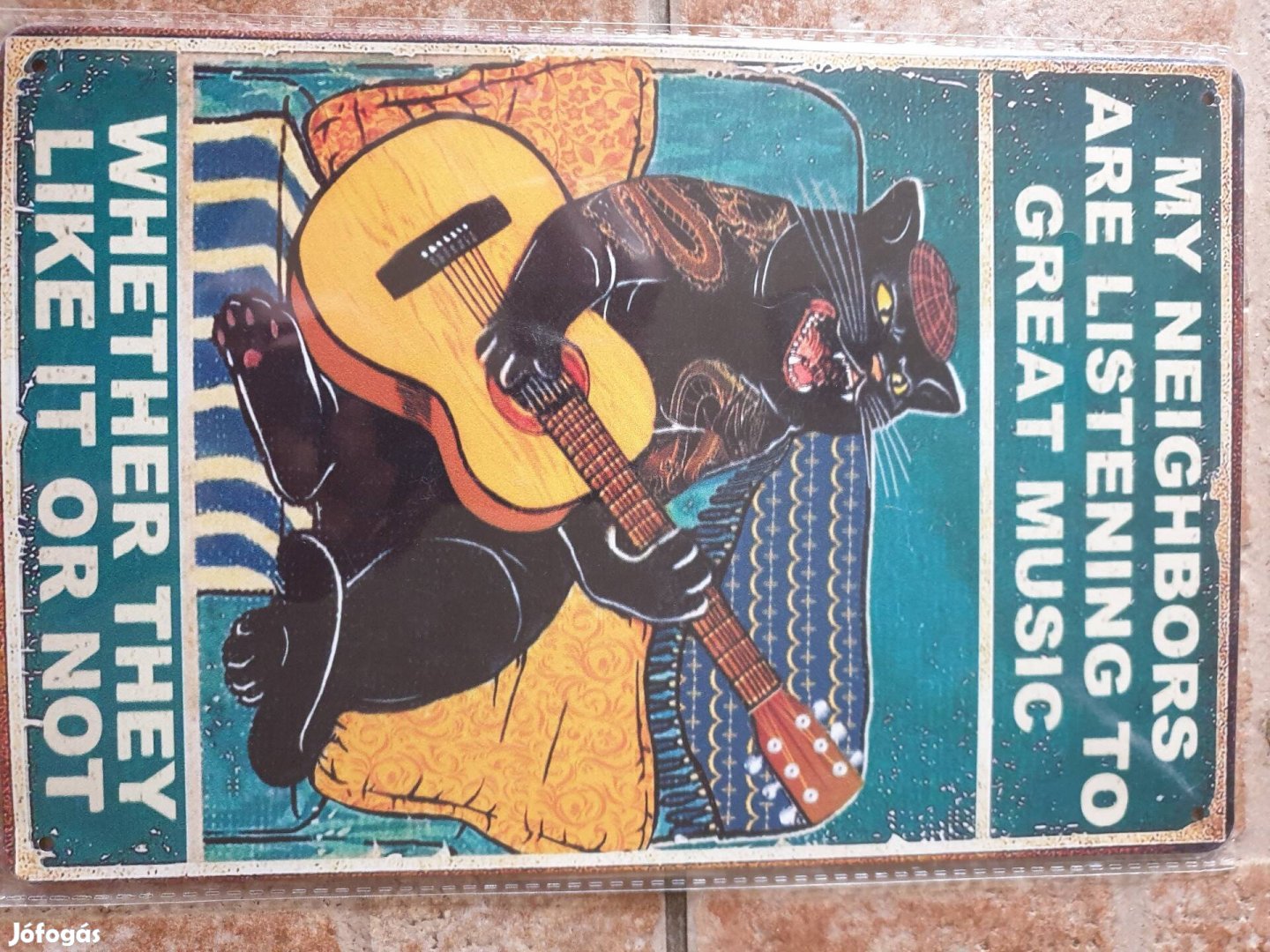 Retró vintage fém reklám tábla cica macska gitár