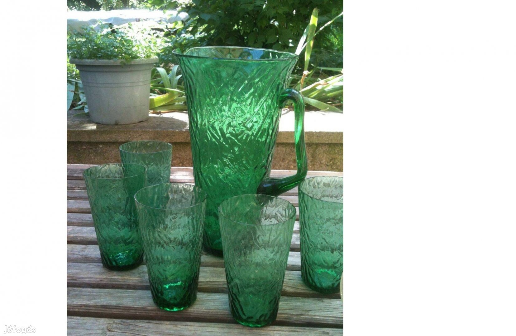 Retro zöld üvegkancsó poharakkal,vizeskancsó,üdítőspohár szett