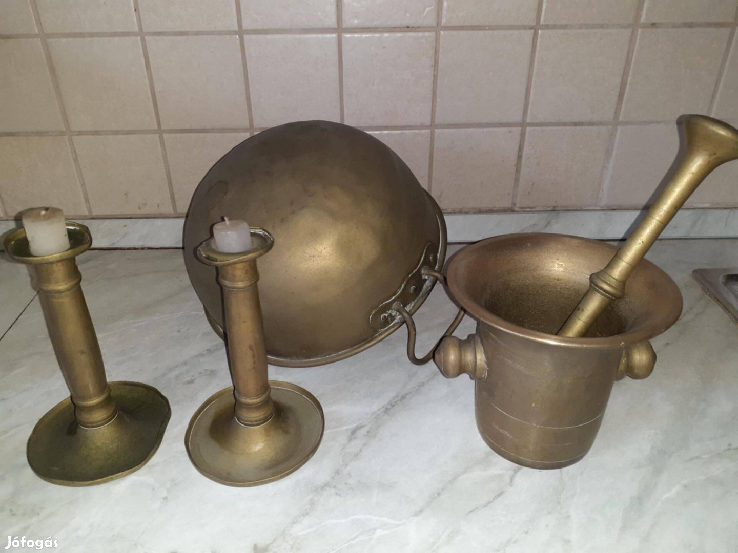 Réz mozsár habüst és 2 db gyertyatartó együtt