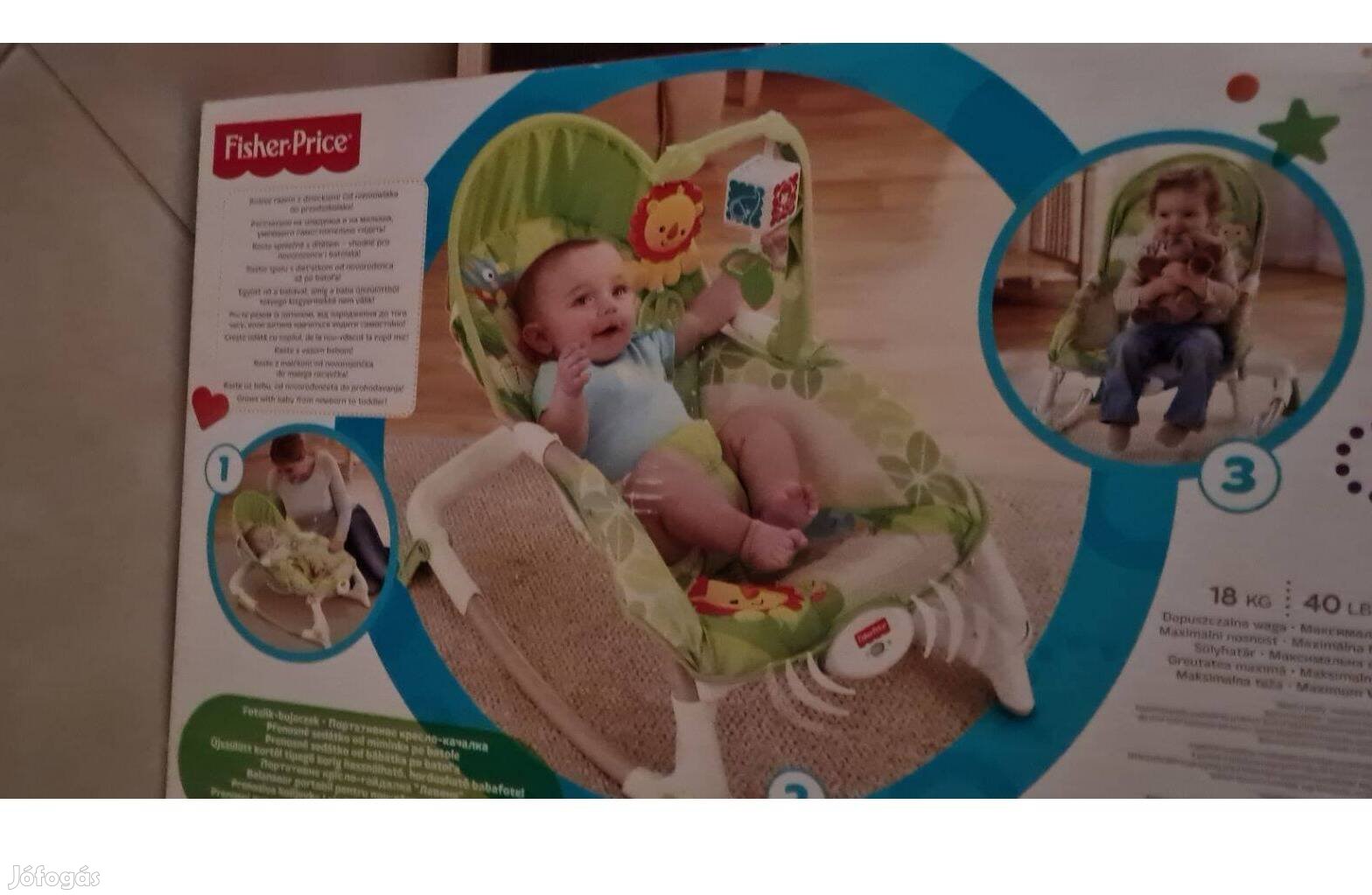 Rezgő és zenélő Fisher Price pihenőszék állatos mintával