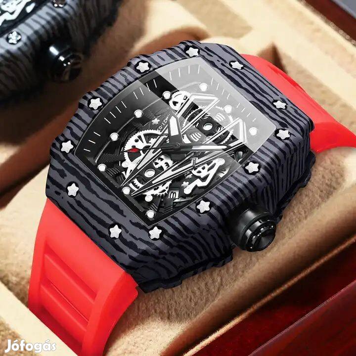 Richard Mille RM27 stílusú óra fekete- szürke tok-piros szilikon szíj