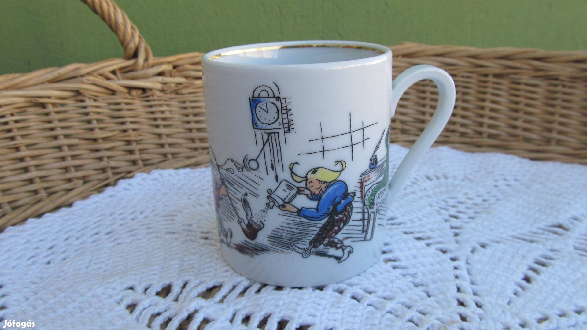 Ritka, jelzett porcelán Max és Morizt jelenetes gyerek bögre