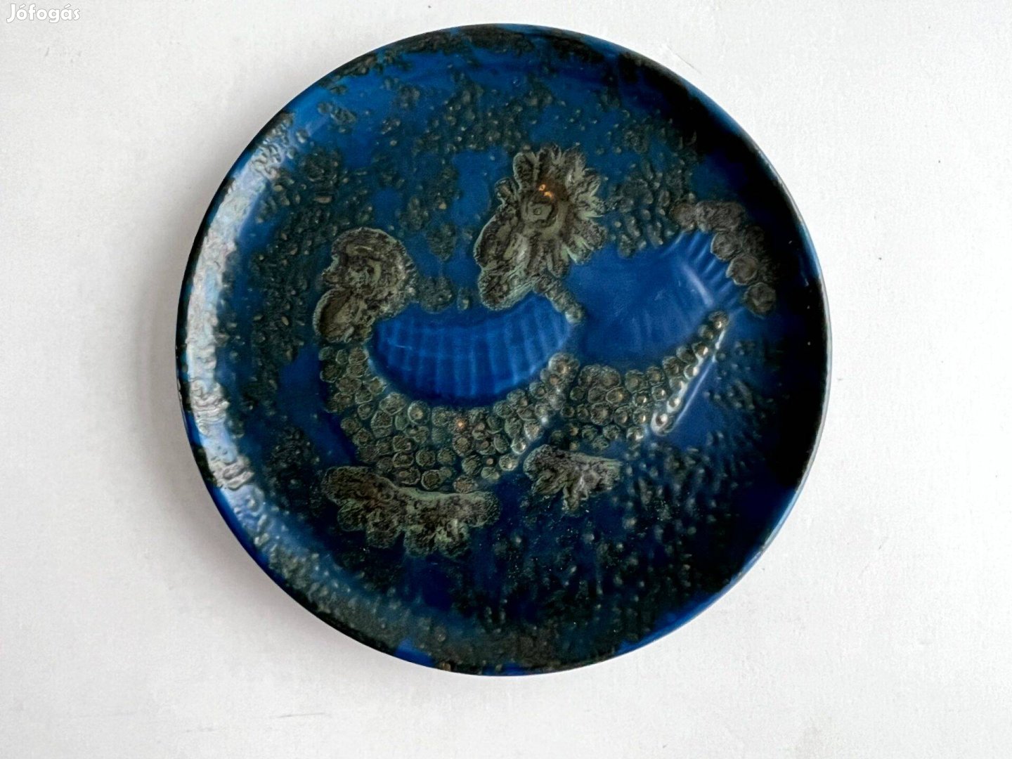 Ritka, retro, kék mázas Tófej madaras kerámia falitányér,