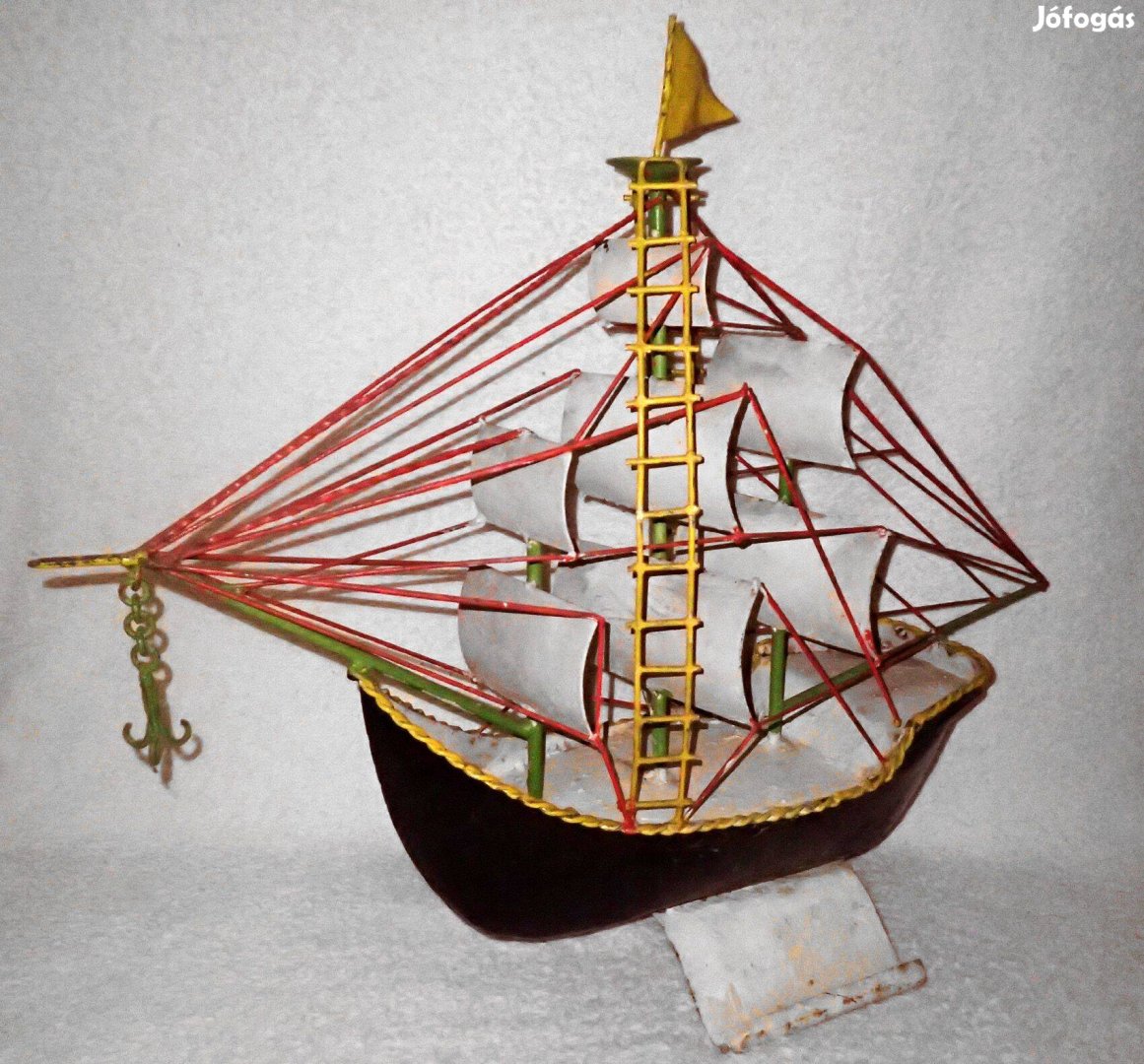 Ritka antik óriási nehéz egyedi kézzel készített vas fém vitorlás hajó
