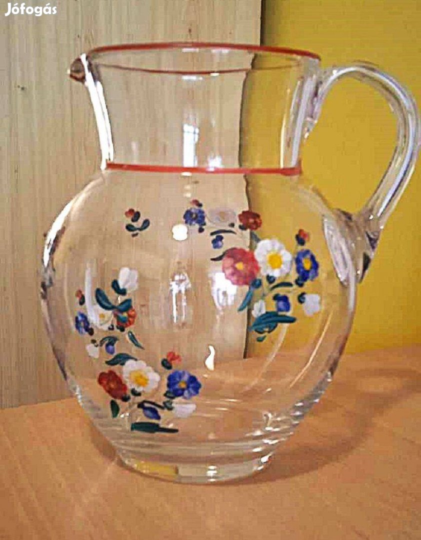 Ritka kézzel festett, fújt üveg régi nagy kancsó