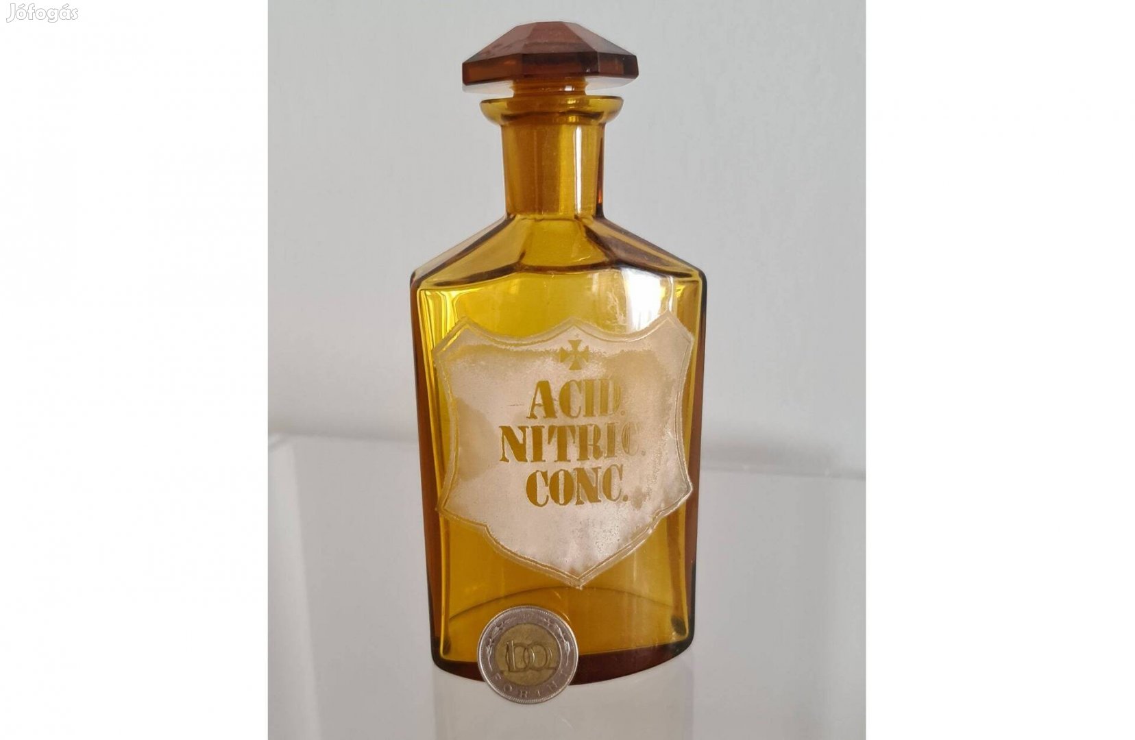 Ritka méz színű, antik patika üveg "Acid. Nitric. Conc." felirattal