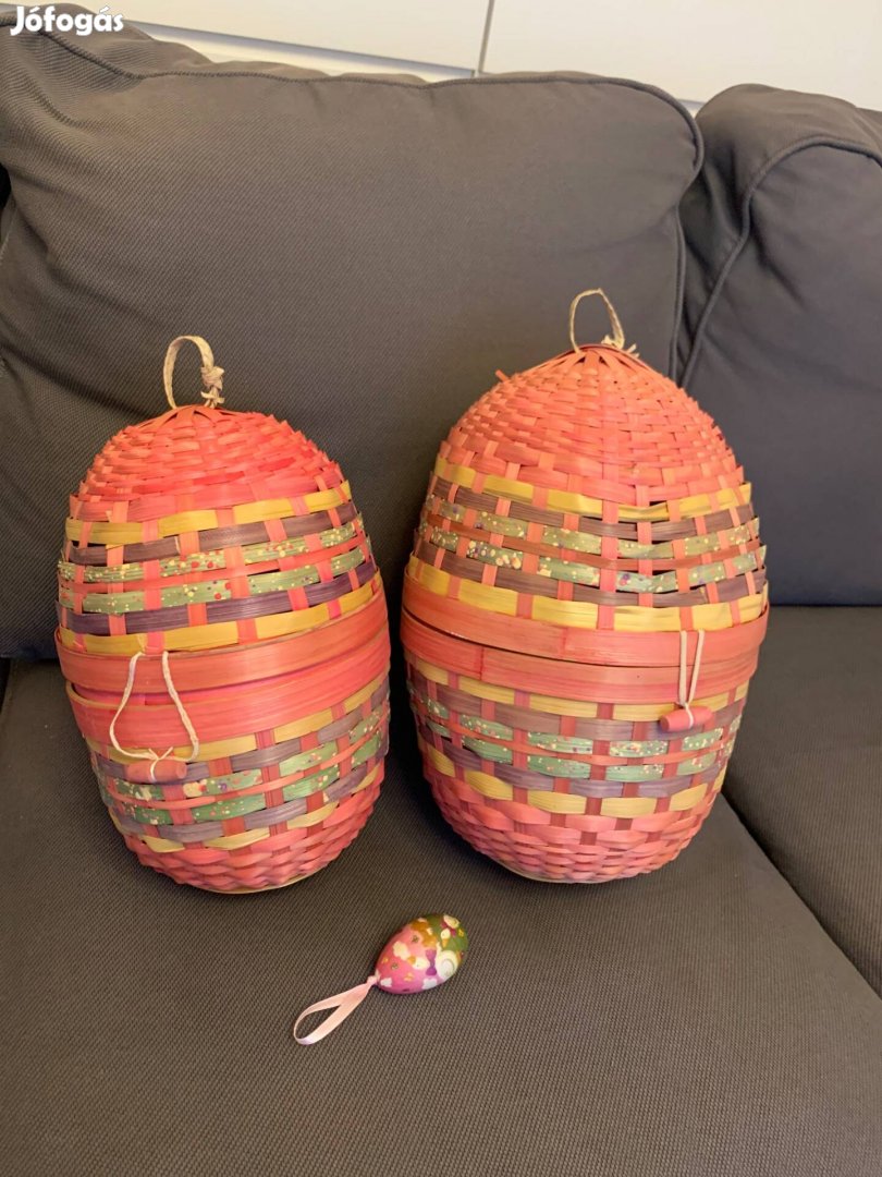 Ritkaság! 2 db óriási fonott húsvéti kinyitható tojás dekoráció dísz d
