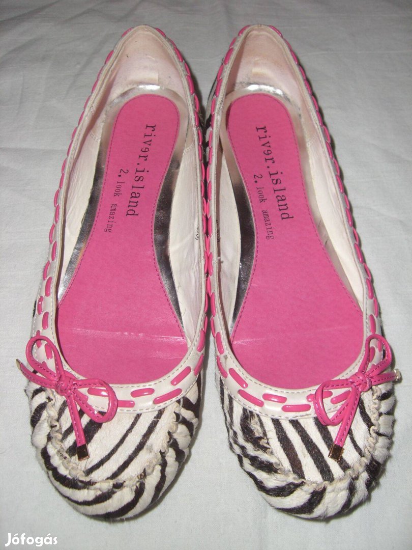 River Island zebra csíkos valódi póniszőr bőr balerina cipő - 38