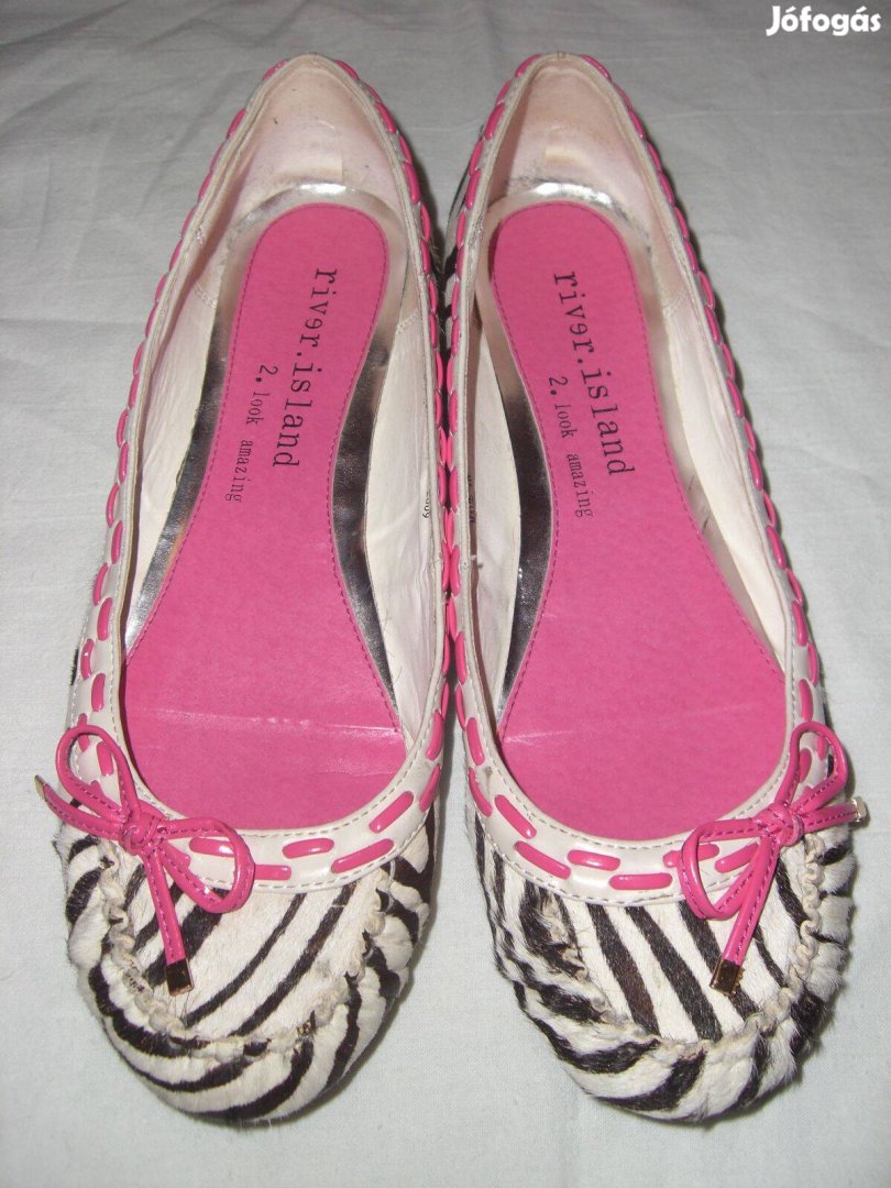 River Island zebra csíkos valódi póniszőr bőr balerina cipő - 38