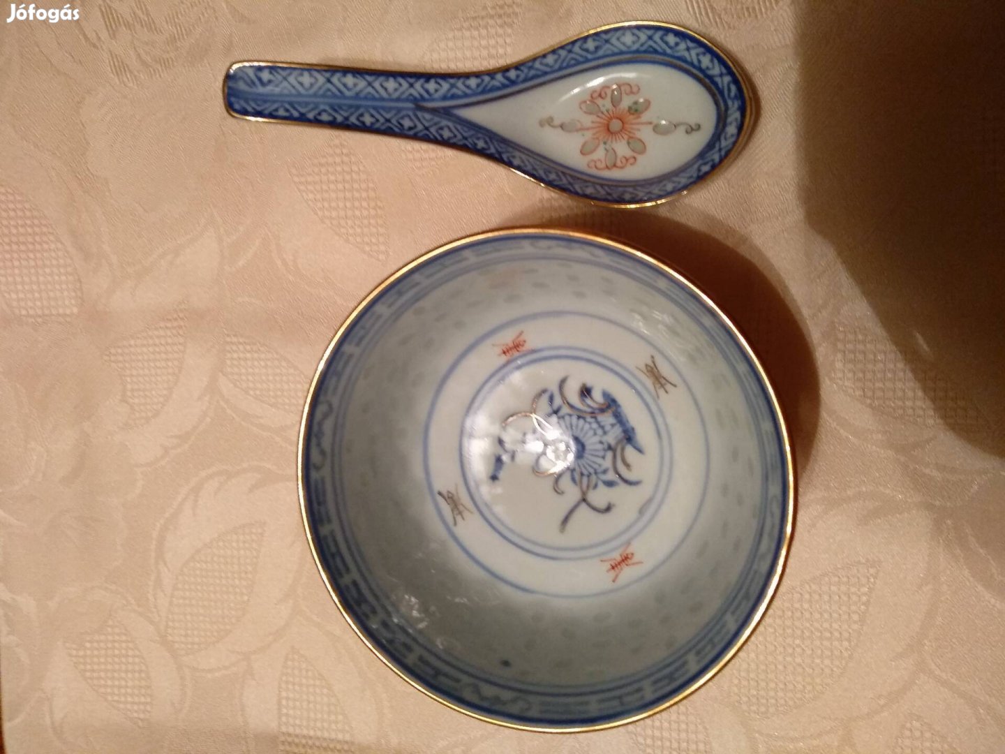 Rizsszemes kínai porcelán rizses tál kanállal