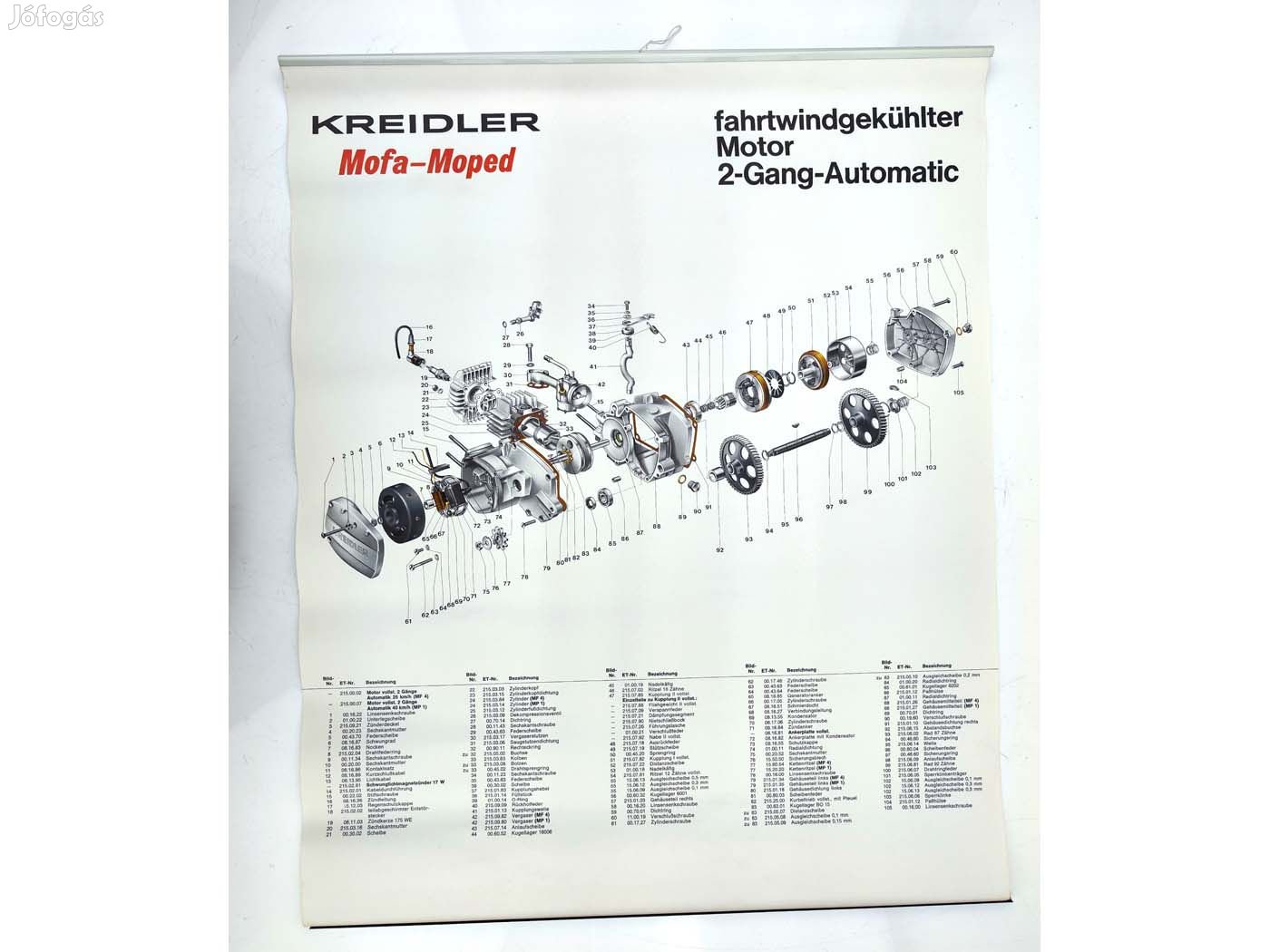 Robbanási rajz plakát, kb. 600 mm széles és 730 mm magas, Kreidler MF