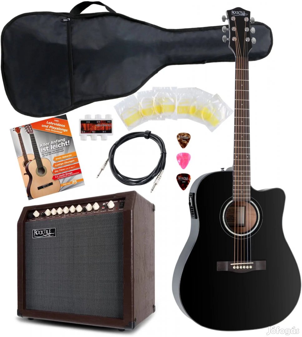 Rocktile D-60CE Akusztikus Gitár Fekete Színpadi készlet2 Erősítővel,