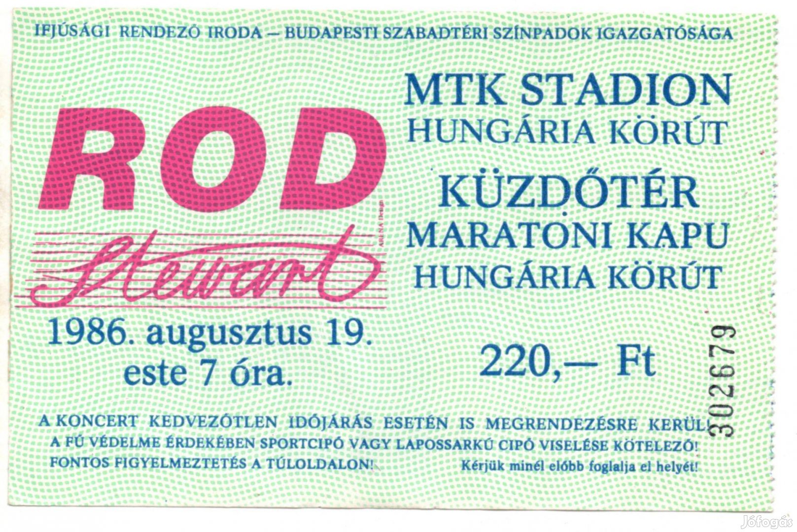 Rod Stuart koncertjegy 1986. Hungária Körút