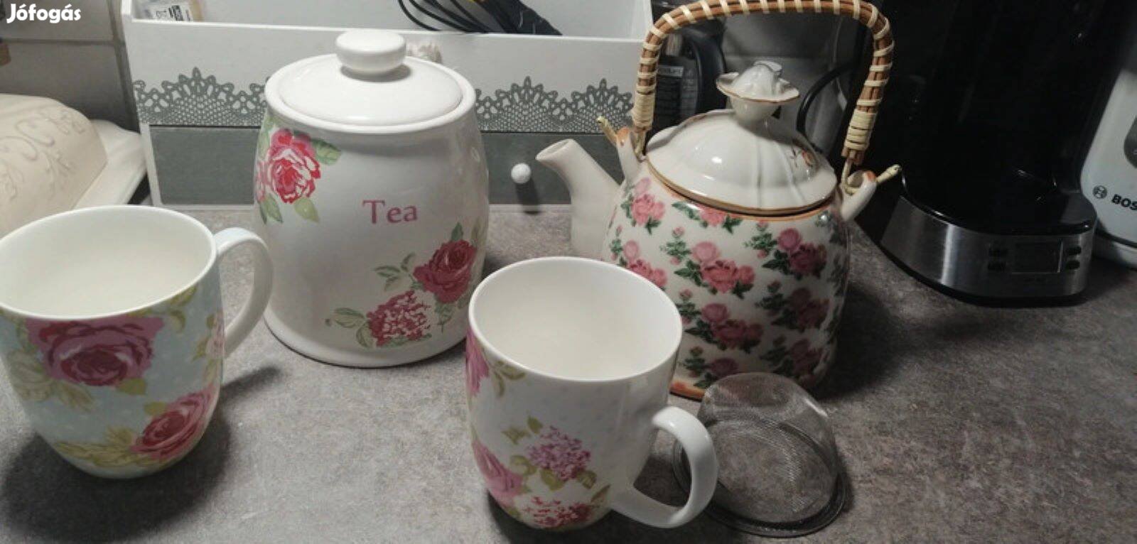 Rose & Ellis vintage shabby chic rózsás tea készlet bögre + teáskanna