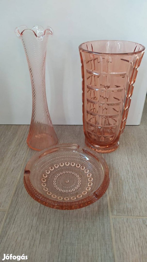 Rozalin 3 darab üvegtárgyak, váza, hamútál
