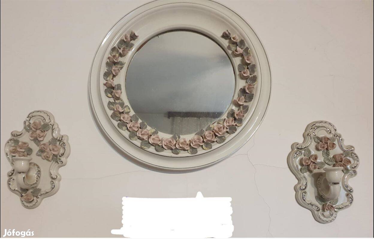 Rózsás porcelán fali tükör 2 gyertyatartóval - 13.ker