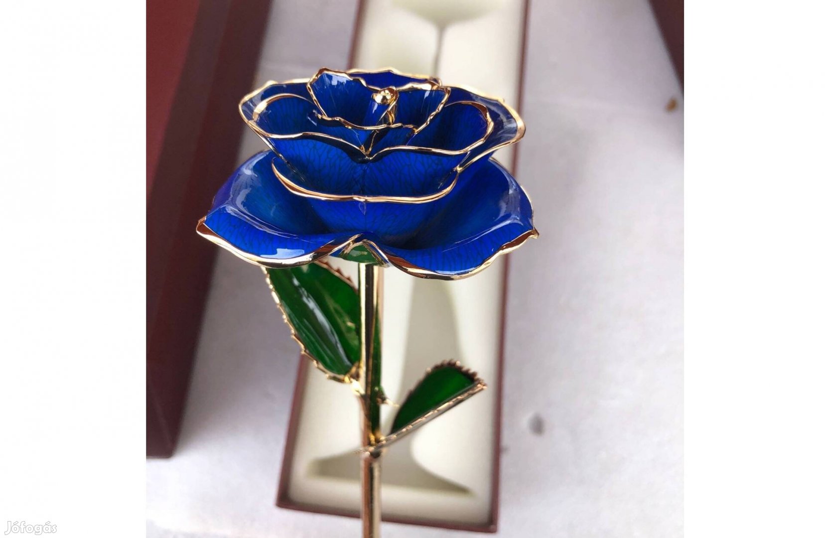 Rózsaszál díszdobozos 28cm rózsa arany és kék színű ajándéktasakkal