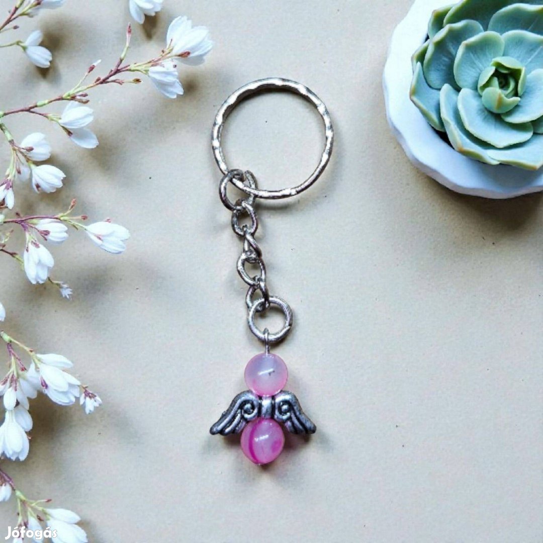 Rózsaszín achát angyal kulcstartó
