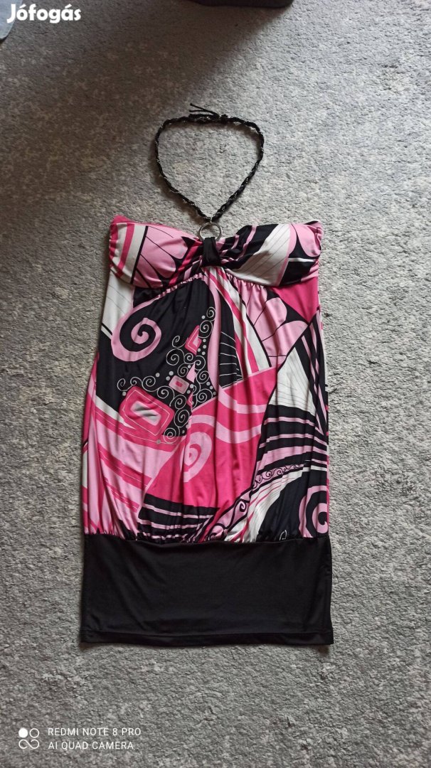 Rózsaszín fekete mintás nyakba akasztós ruha