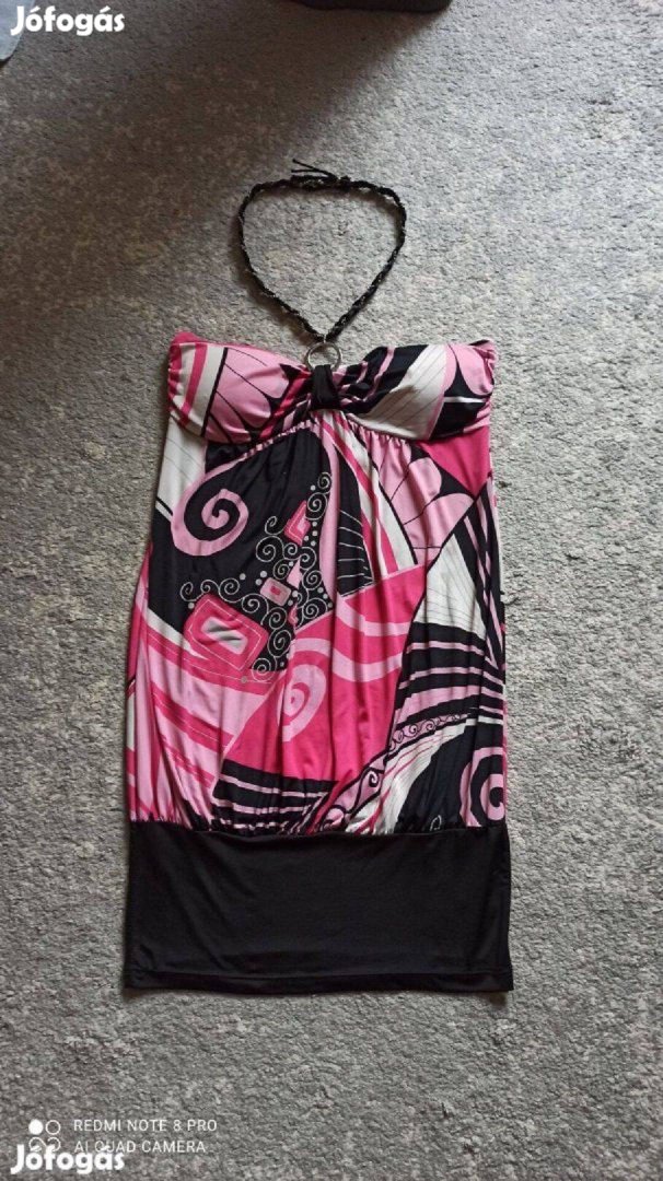 Rózsaszín fekete mintás nyakbaakasztós ruha