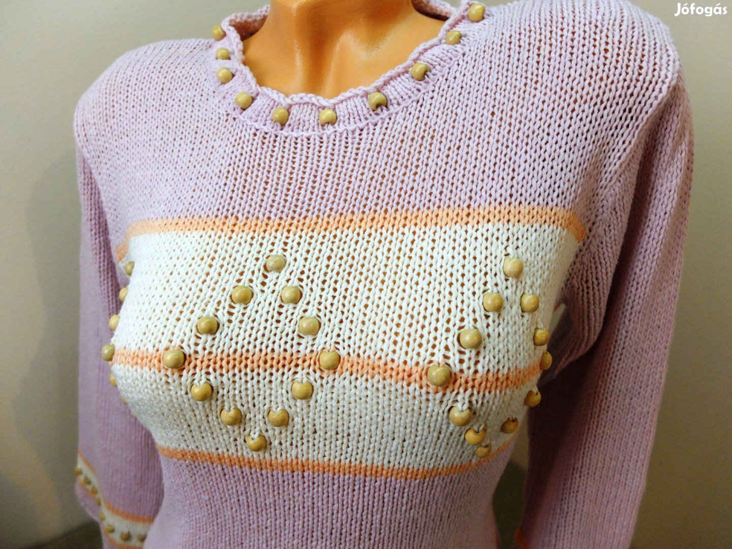 Rózsaszín gyöngyös hosszú ujjú kötött női pulcsi pulóver