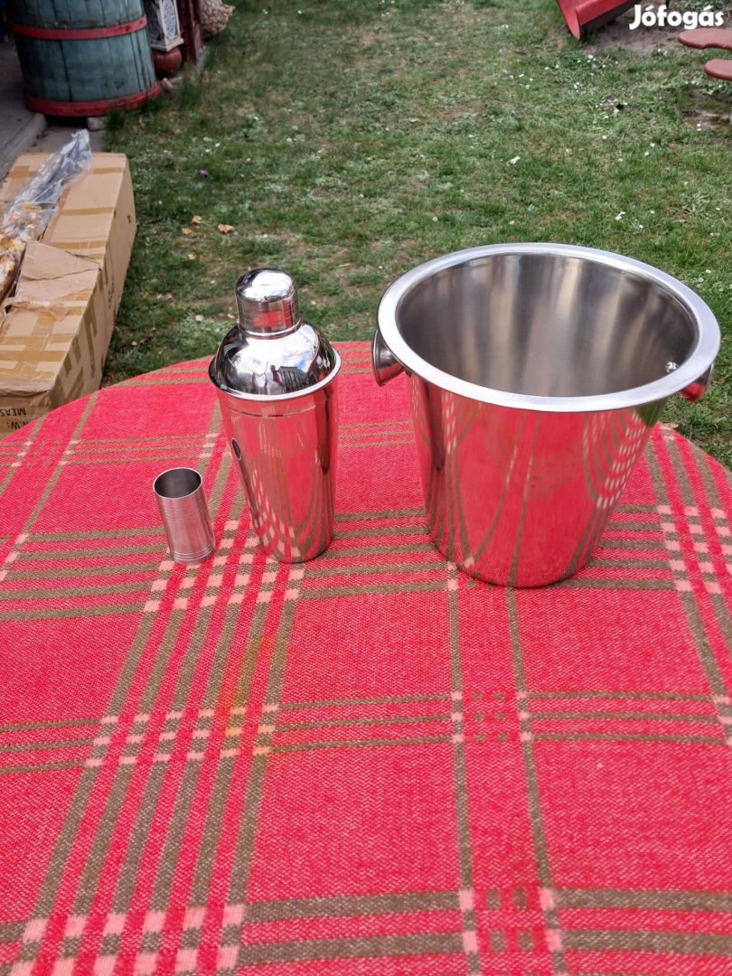Rozsdamentes pezsgős vödör, 22 cm-es, keverő, mixelő, mérő