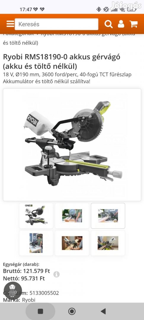 Ryobi RMS 18190 akkumulátoros gérvágó körfűrész eladó!