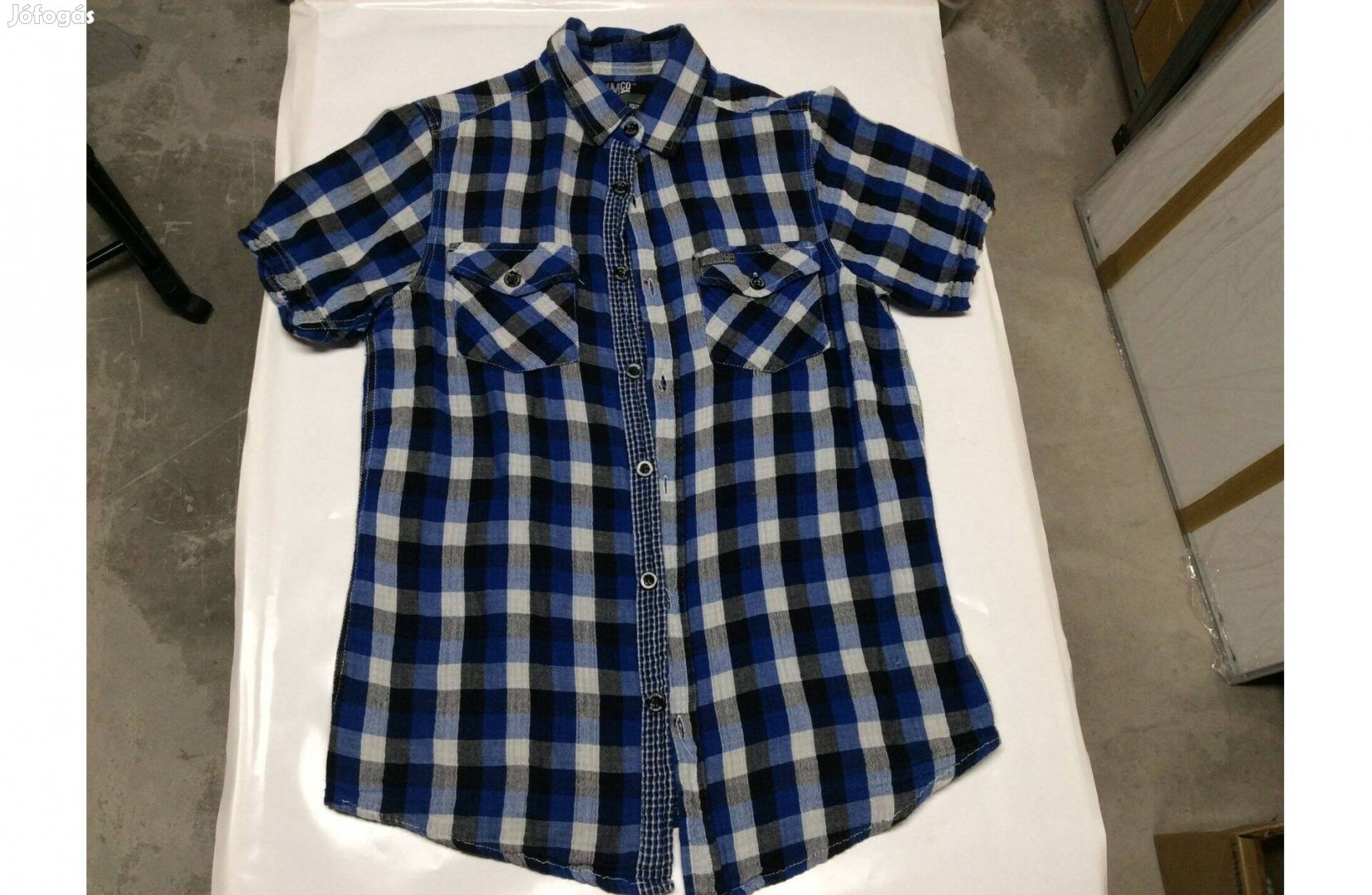 S-es Denimco fiú ing rövid ujjú ing jó anyagú kék fekete kockás ing
