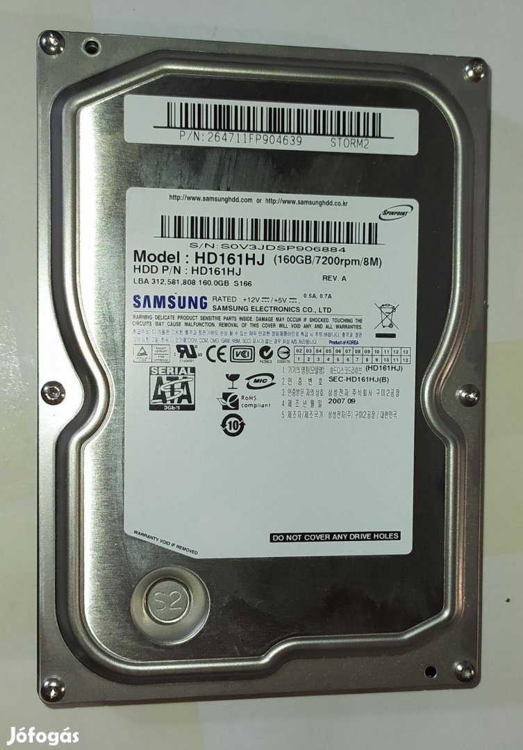 Samsung 160GB HDD merevlemez SATA 3.5" 100/100 #6884