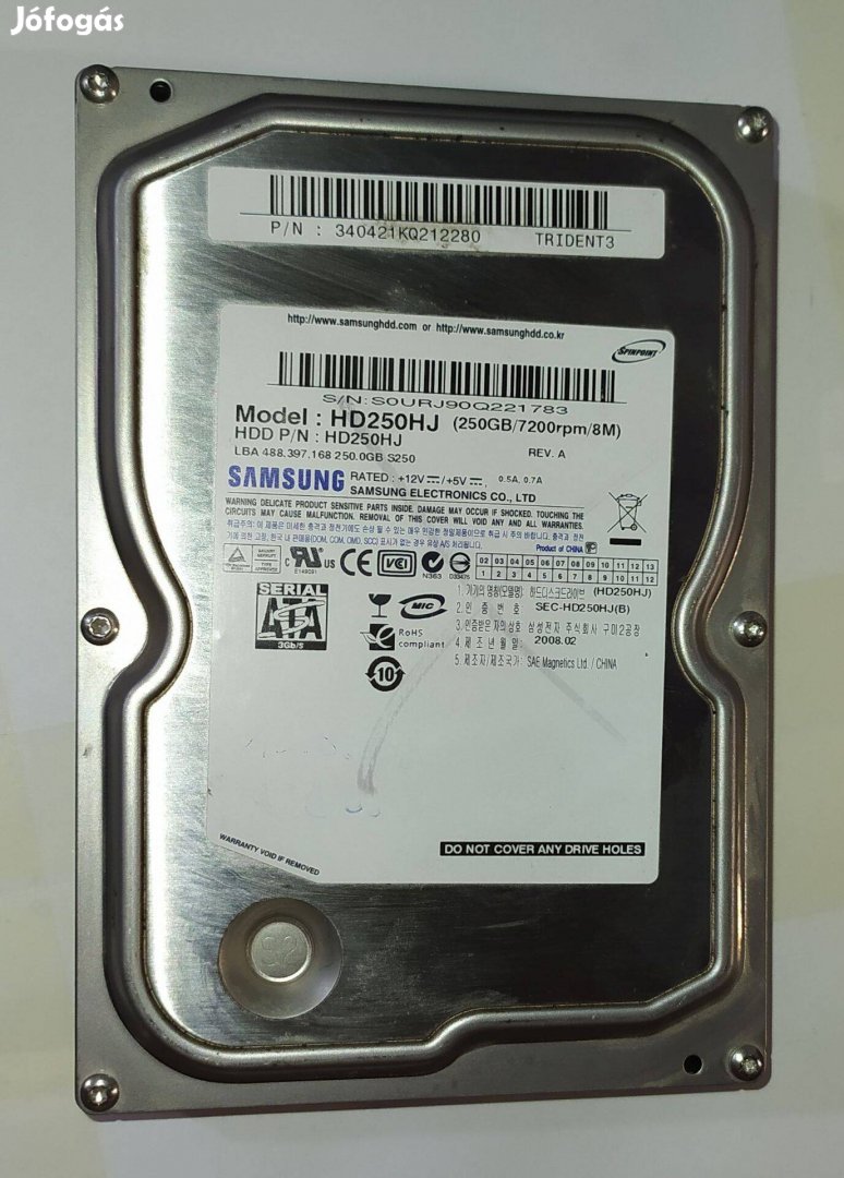 Samsung 250GB HDD merevlemez SATA 3.5" 100/100 #1783