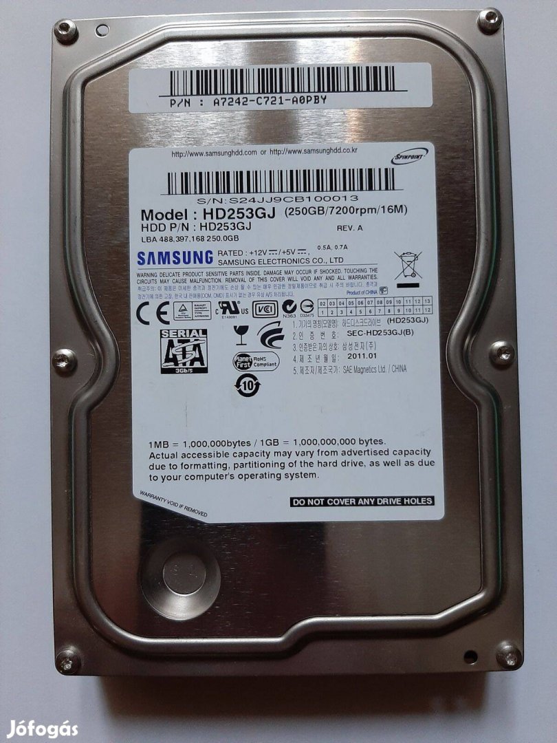 Samsung 250GB, SATA merevlemez, tesztelt100,100 (HD253GJ)