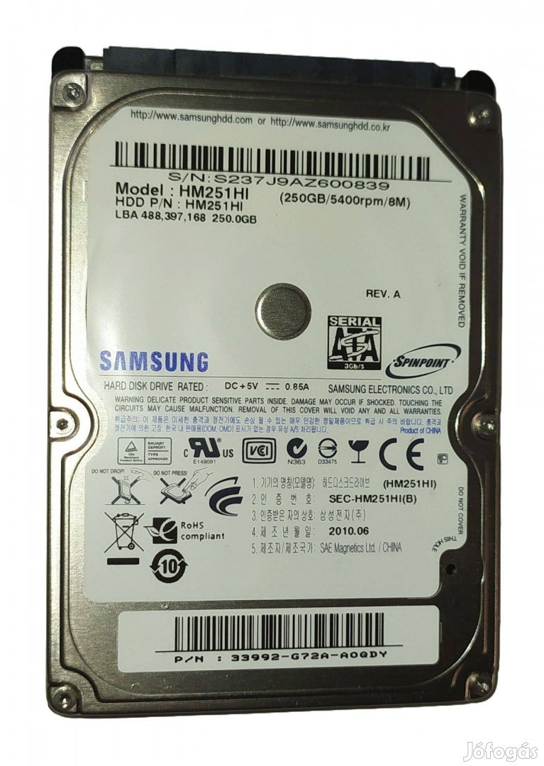 Samsung 250GB laptop / notebook HDD merevlemez SATA 2.5" 100/100 #0839